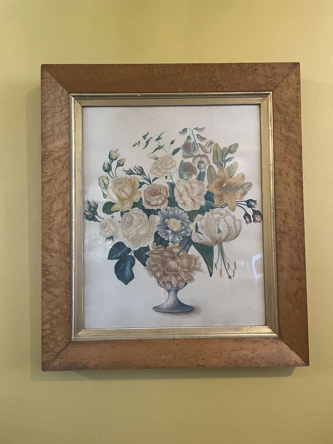 19th Century Botanical Watercolour with Burr Maple Frame