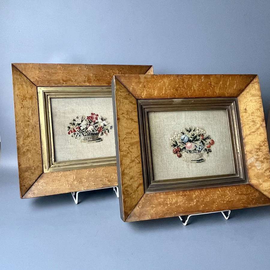Pair of Victorian Floral Needlework Pictures with Burr Maple Frames