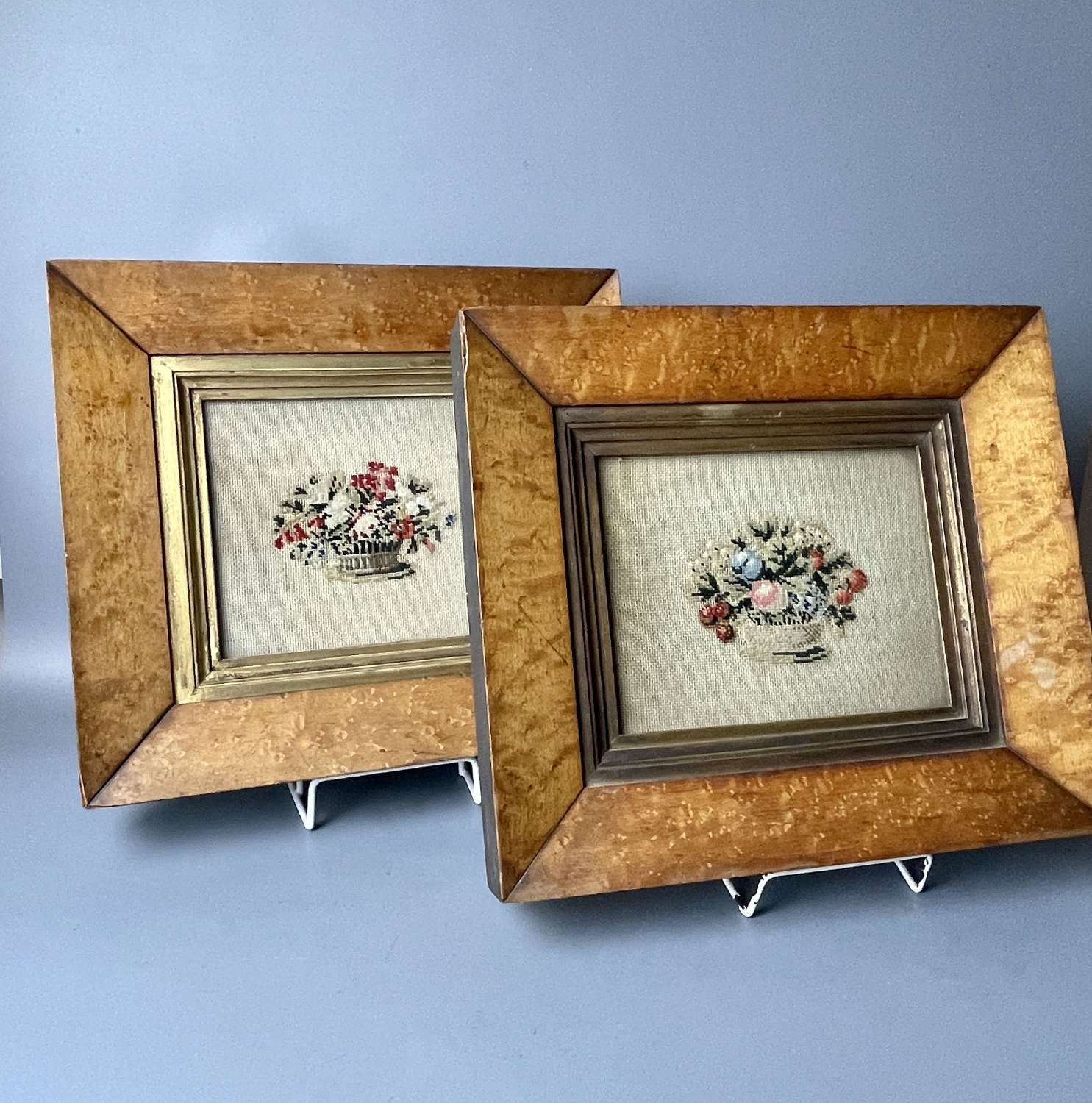 Pair of Victorian Floral Needlework Pictures with Burr Maple Frames