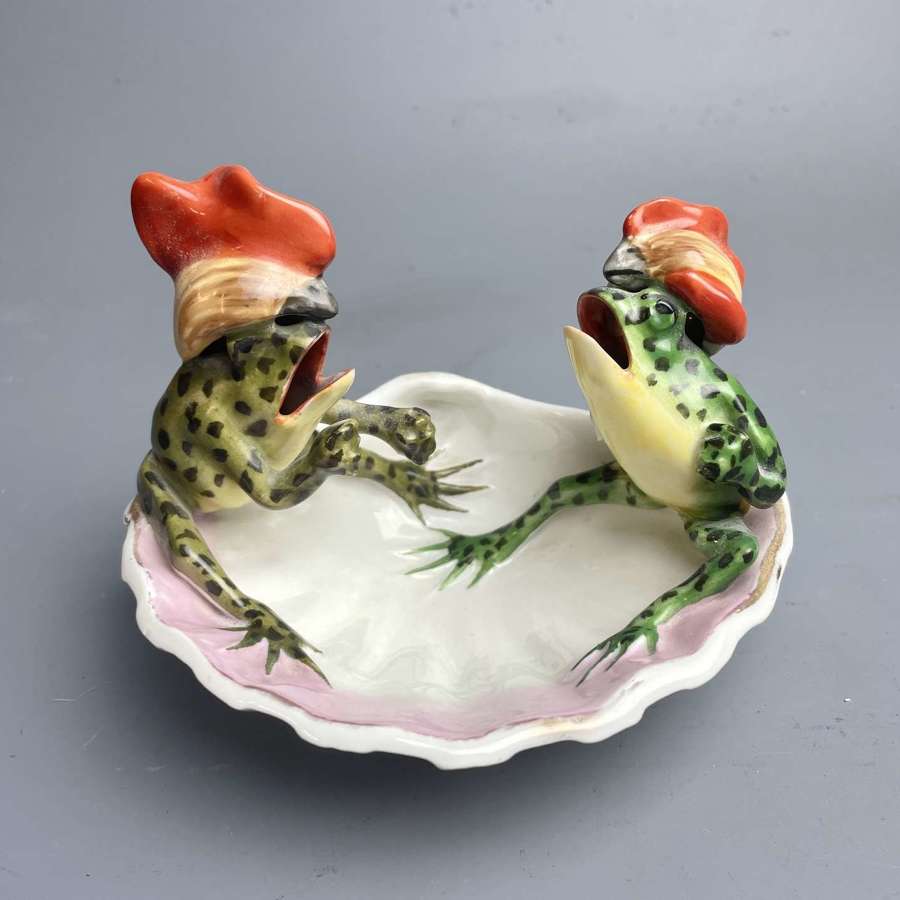 Continental Novelty Porcelain Dish of Two Frogs Wearing Cockerel Hats