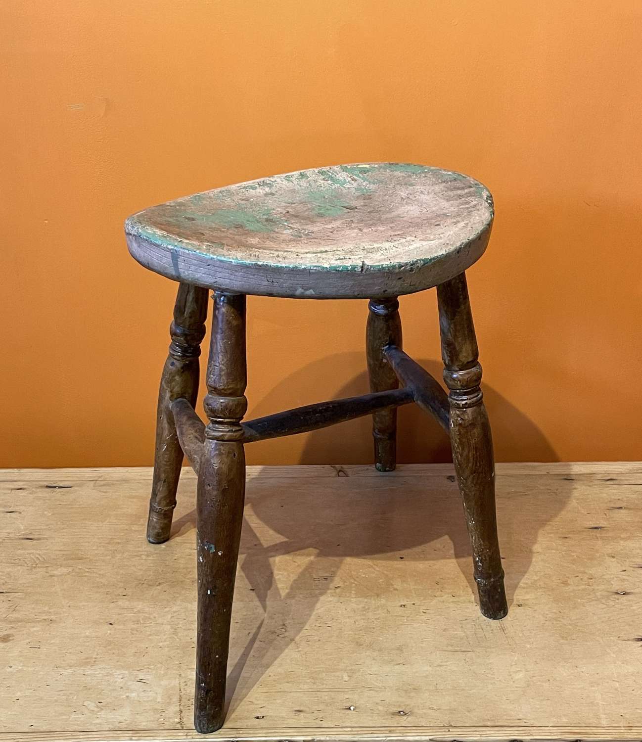 19th Century Rustic Farmhouse Stool with Traces of Paint