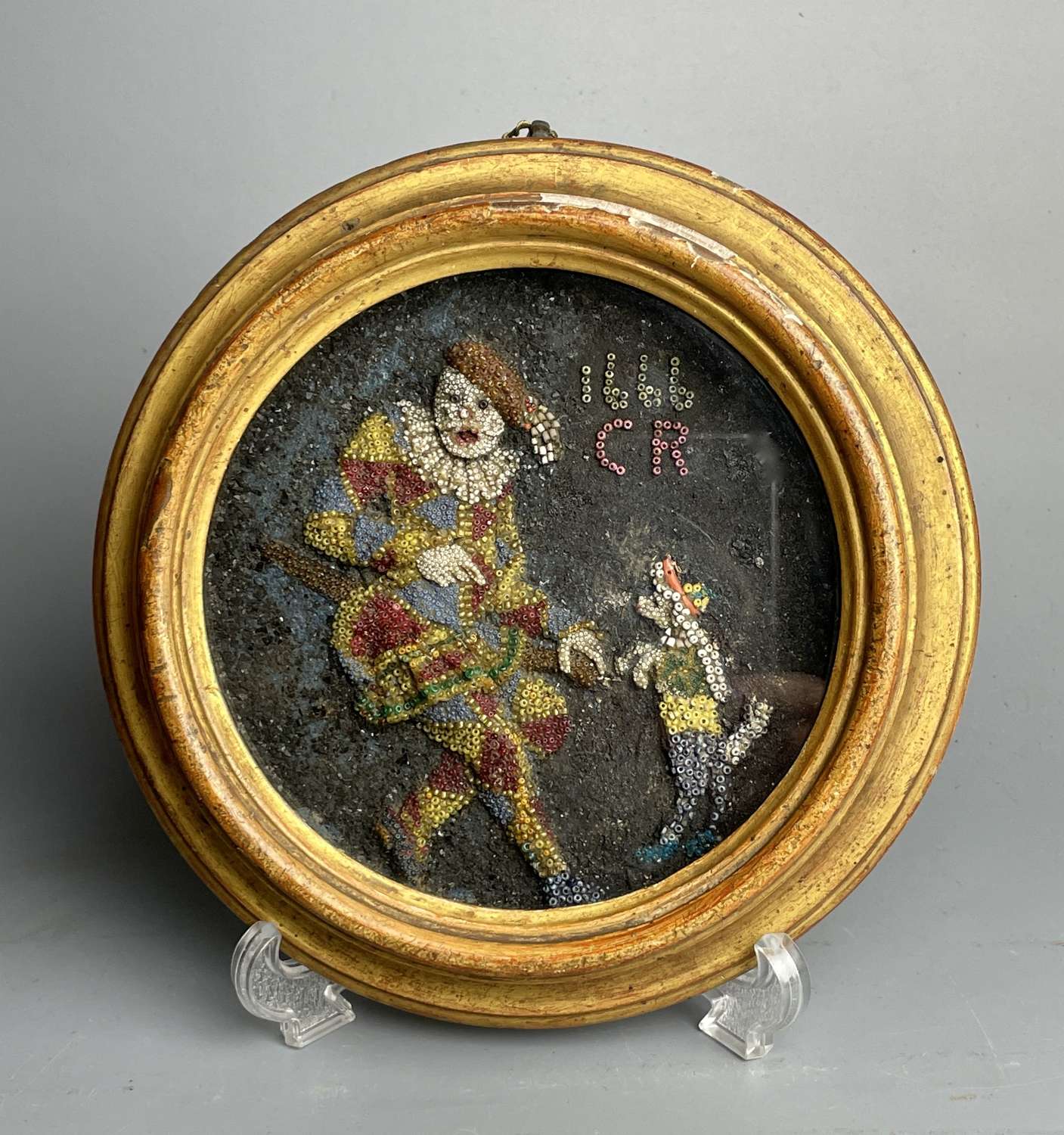 Unusual 19th Century Beadwork Diorama of a Harlequin with a Dog