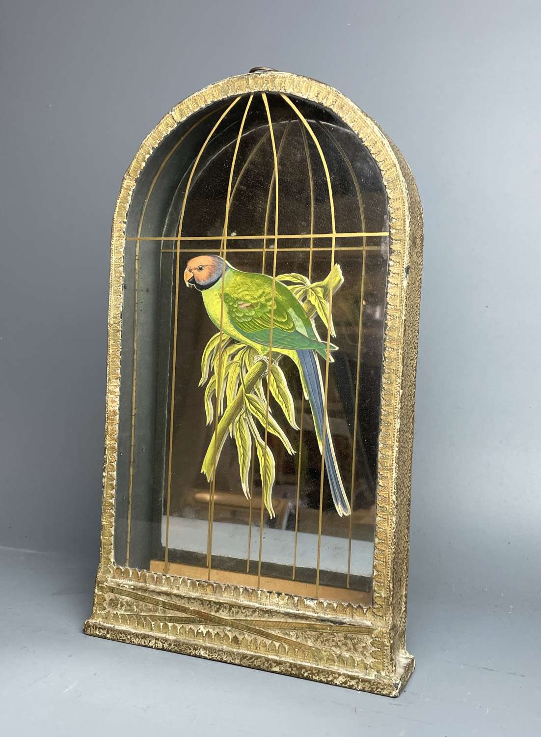 Victorian Mirrored Diorama of a Parrot in a Cage