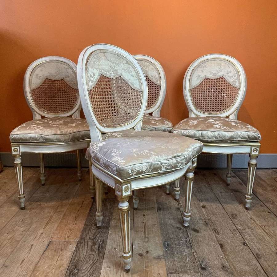 Set of Four Italian Painted Dining Chairs with Cane Backs & Seats