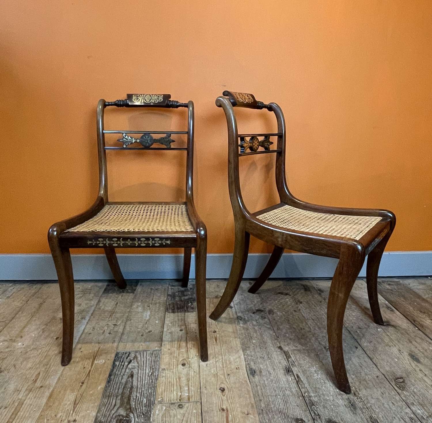 Pair of Regency Brass Inlaid Rosewood Side Chairs