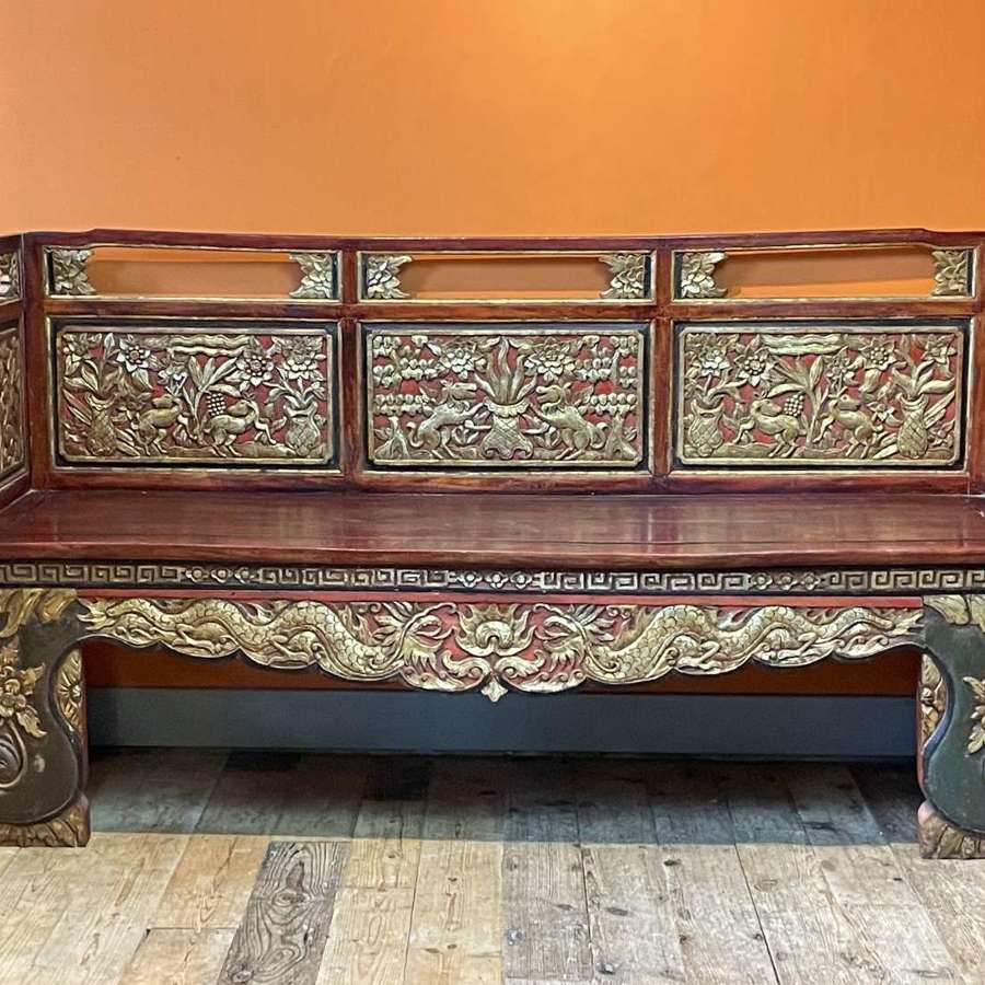 Antique Chinese Carved & Gilded, Red Lacquered Opium Bench