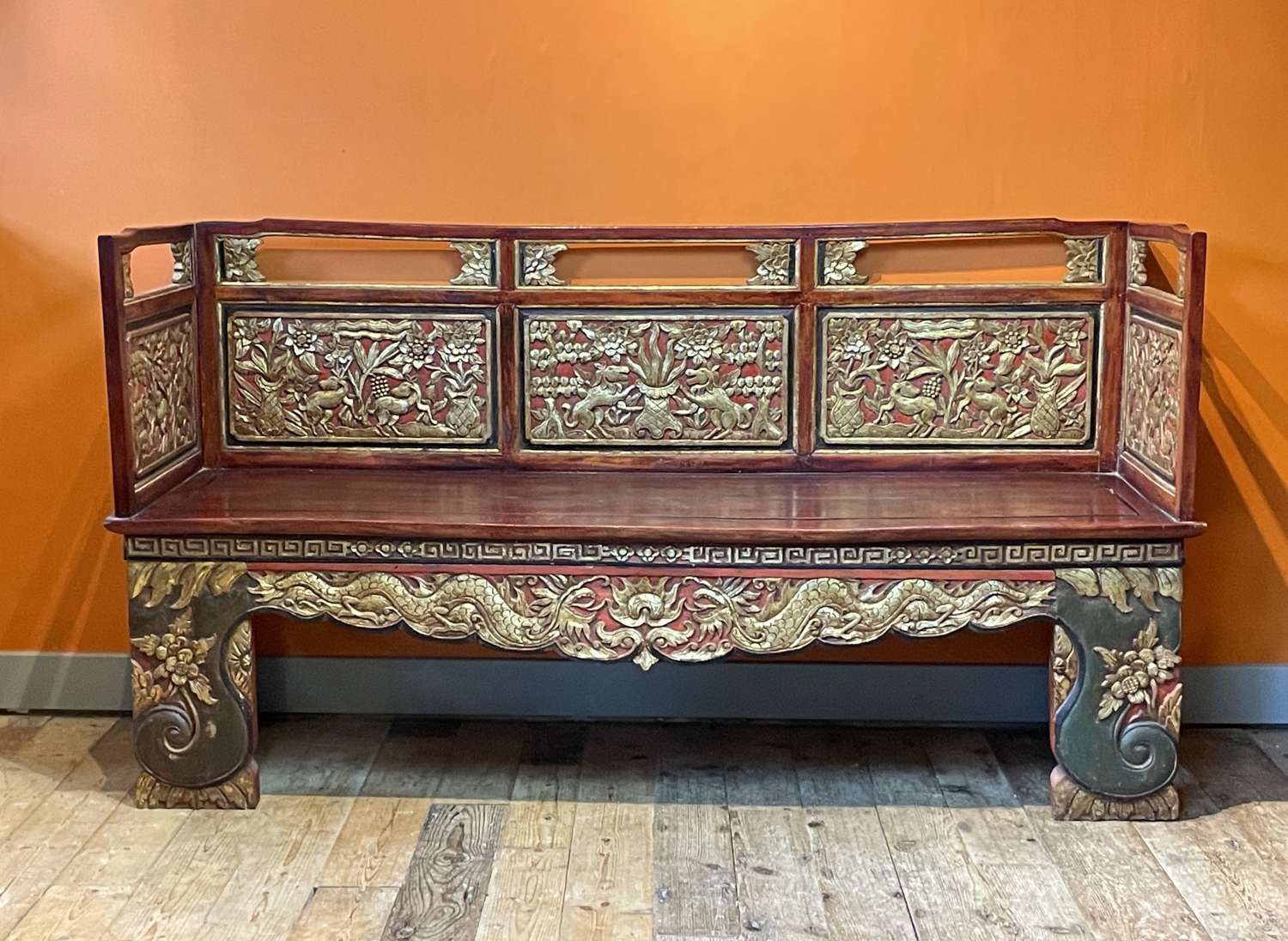 Antique Chinese Carved & Gilded, Red Lacquered Opium Bench