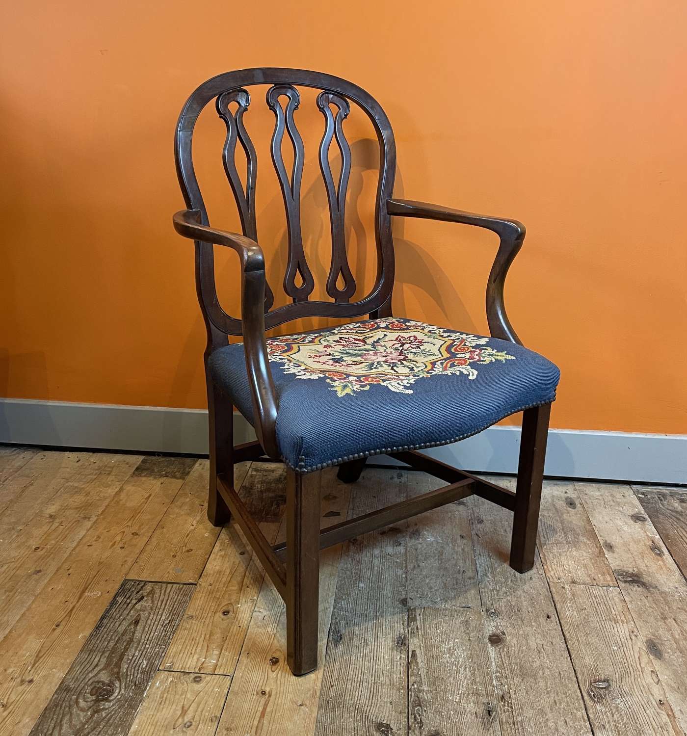 Georgian Mahogany Bow Armchair with Woolwork Seat