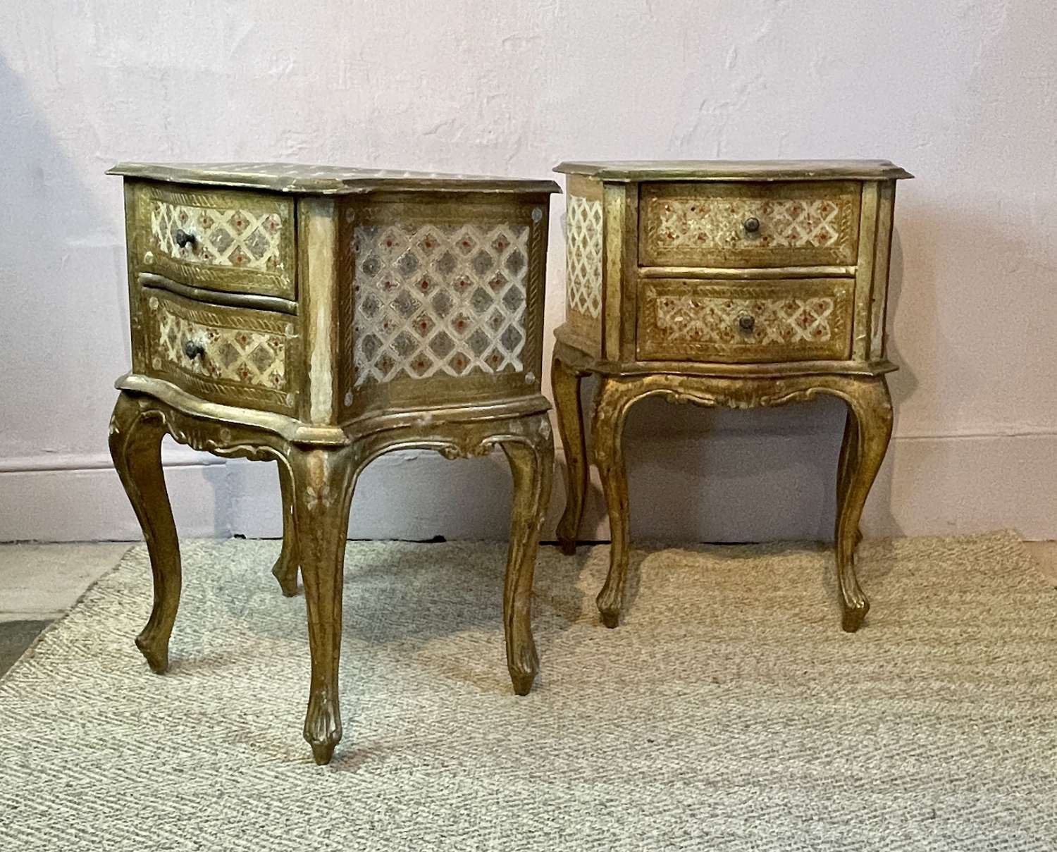 Pair of Vintage Venetian Gilt Bombe Shaped Bedside Chests