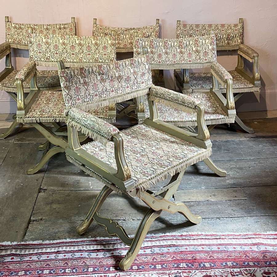Set of Six Unusual Venetian Painted & Gilded Folding X Frame Chairs