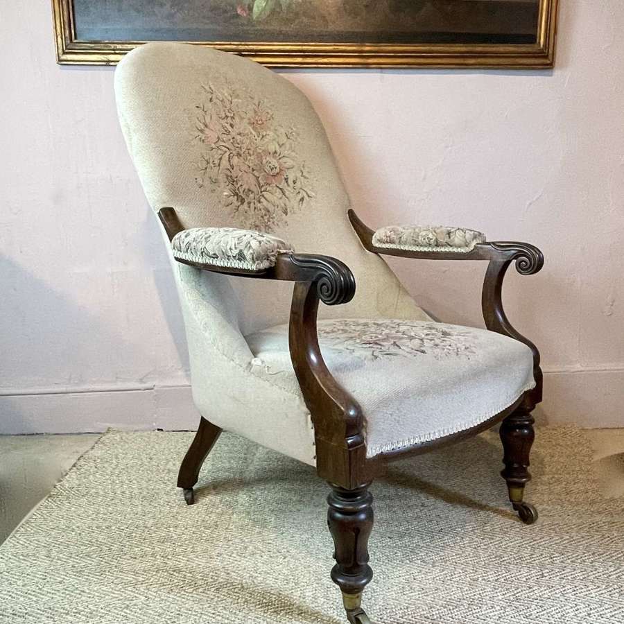 Early Victorian Rosewood Framed Open Armchair for Recovering