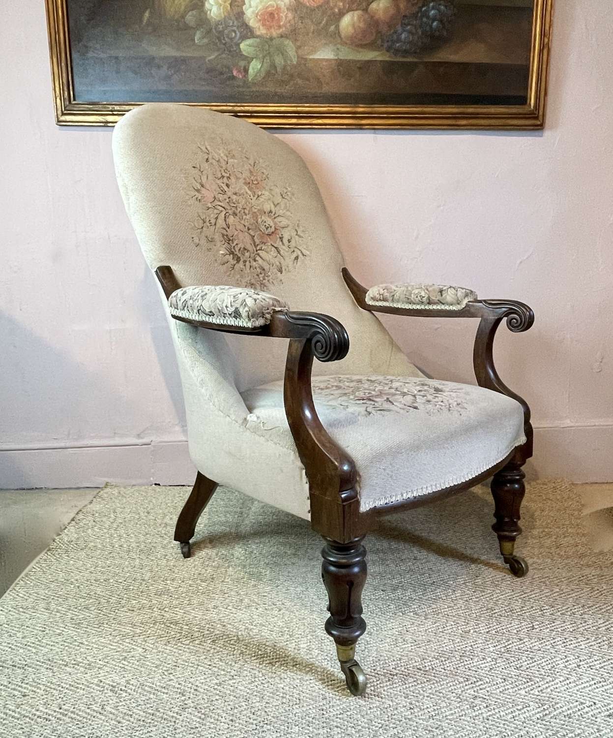 Early Victorian Rosewood Framed Open Armchair for Recovering