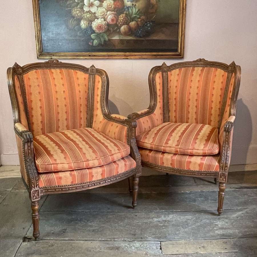 Pair of French Louis XVI Style Wingback Armchairs