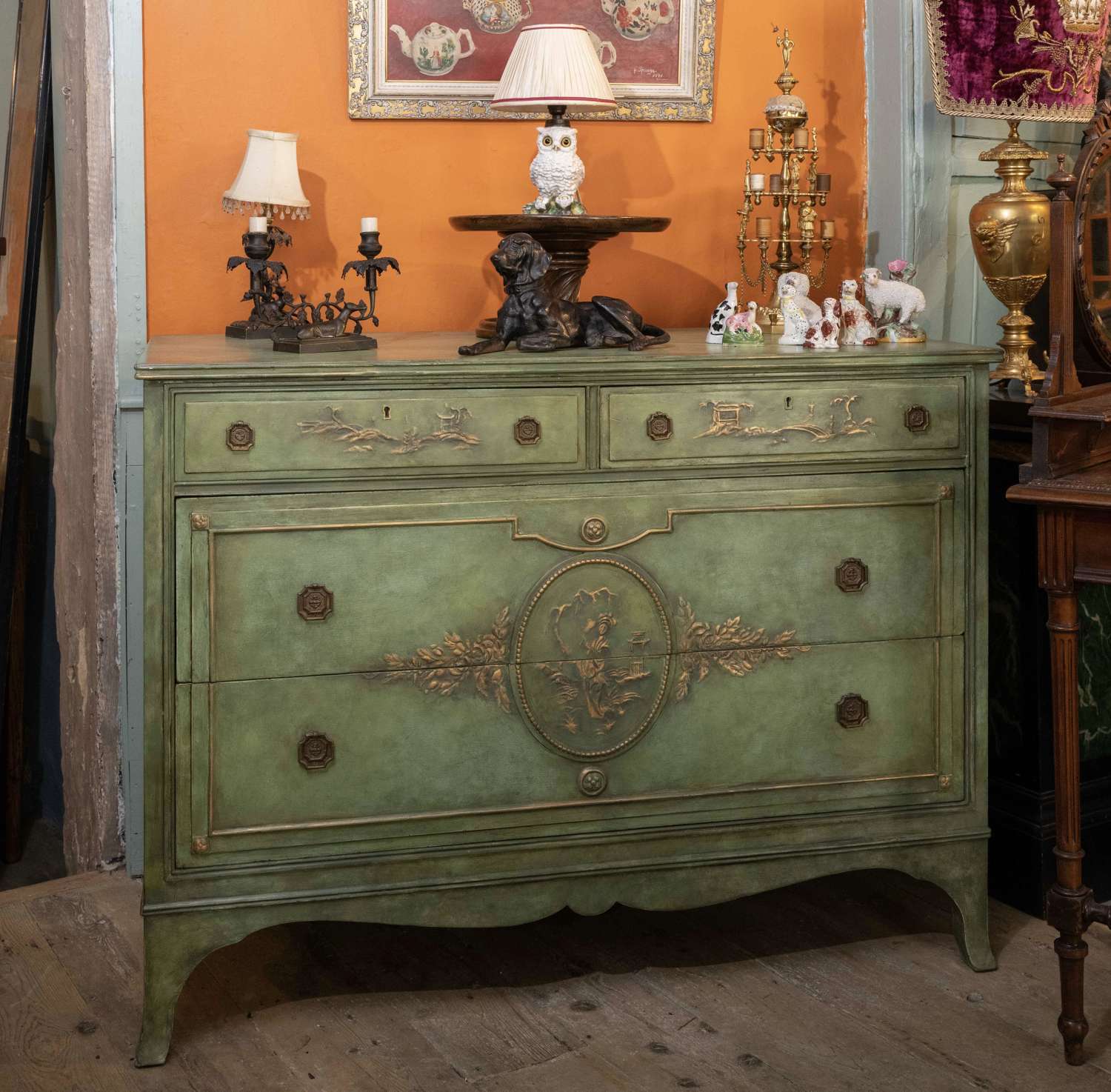 Vintage Green Painted Chinoiserie Chest of Drawers