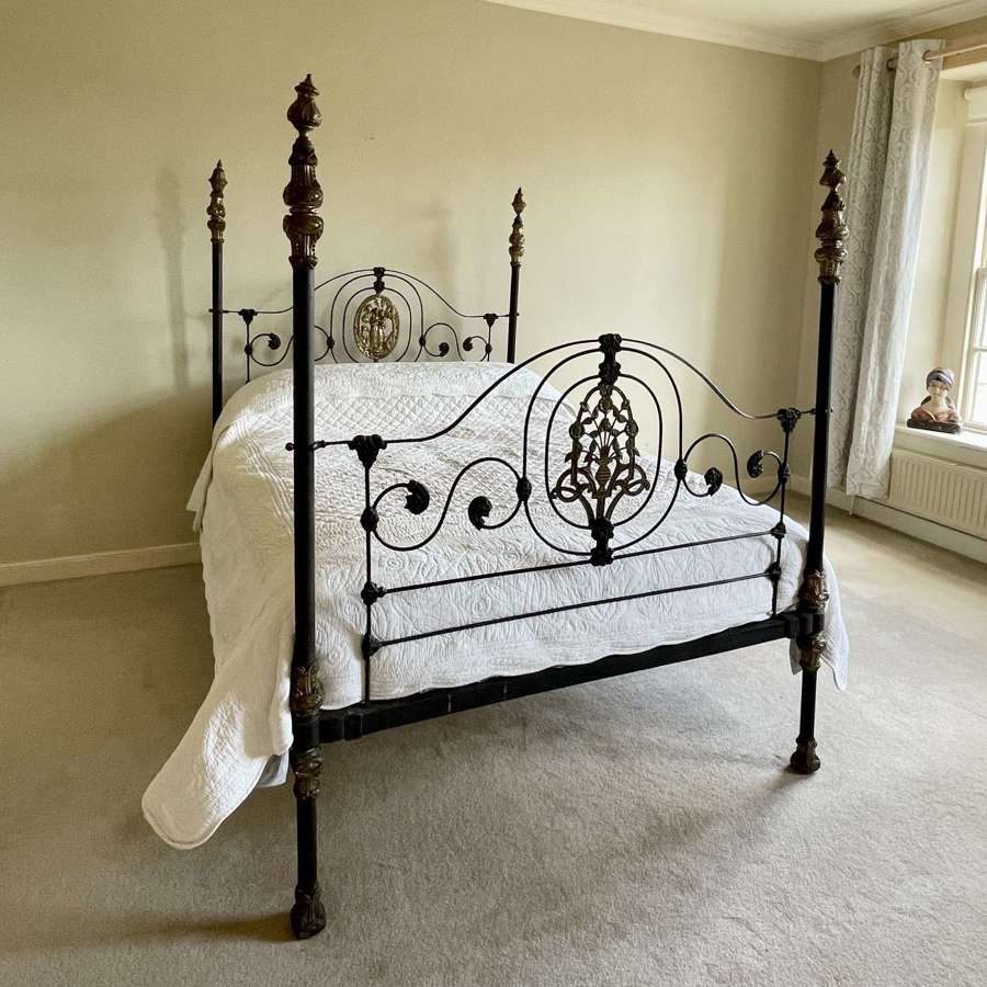 Antique French Wrought Iron & Brass Four Poster Double Bed