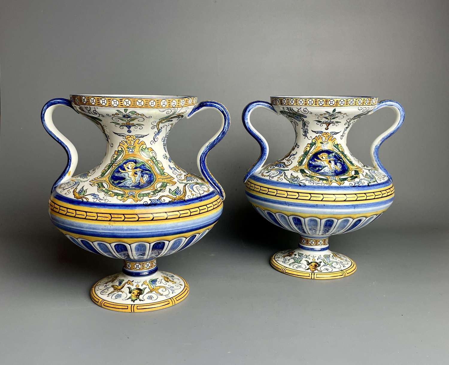 Pair of Gien, France, Faience Pottery Vases