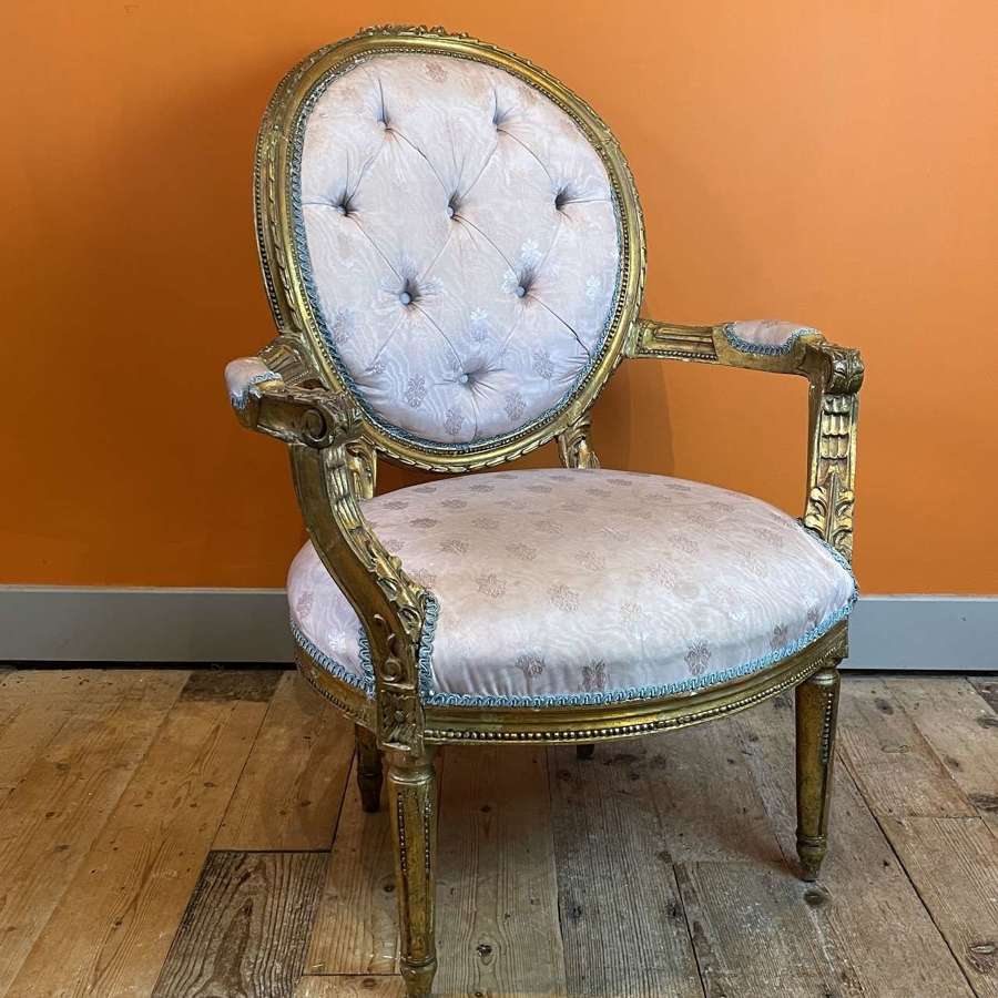 Antique French Louis XVI Style Giltwood Fauteuil Armchair