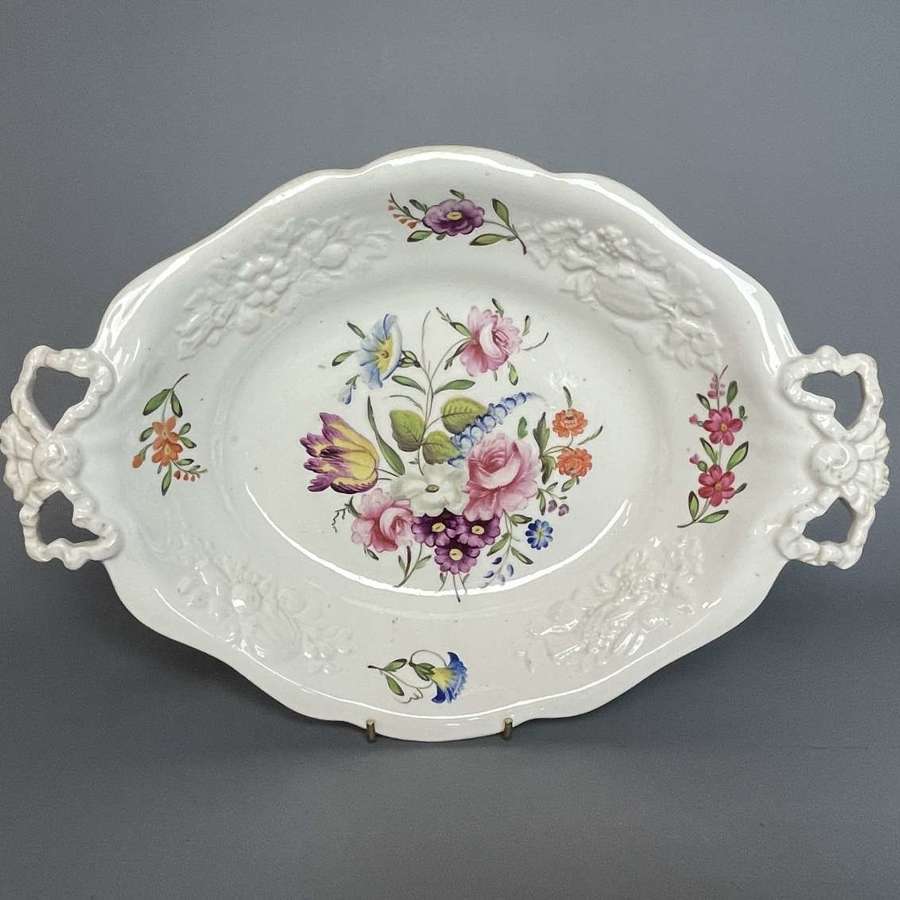 Victorian Floral Painted Staffordshire Porcelain Twin Handled Dish