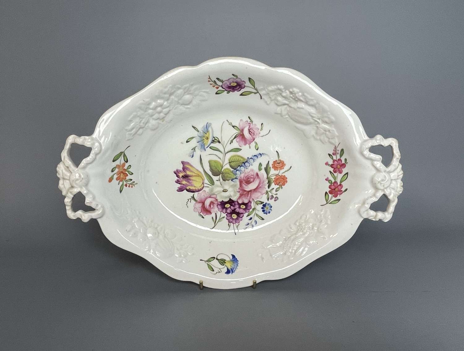 Victorian Floral Painted Staffordshire Porcelain Twin Handled Dish