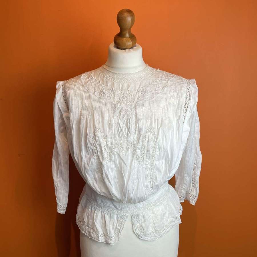 Edwardian Embroidered & Lace Trimmed Fine Cotton Blouse
