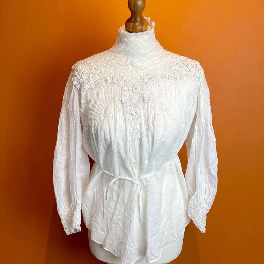 Edwardian Embroidered Cotton & Lace High Neck Blouse