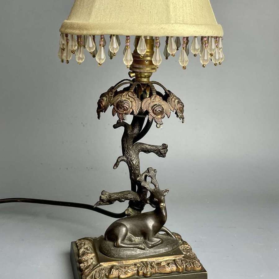 Small French Bronze Table Lamp with a Deer