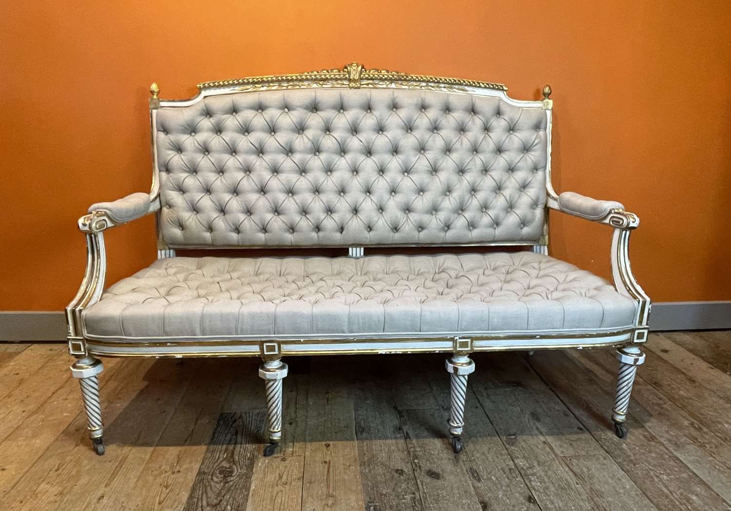 Antique French Louis XVI StyleSofa With Button Upholstered Back & Seat