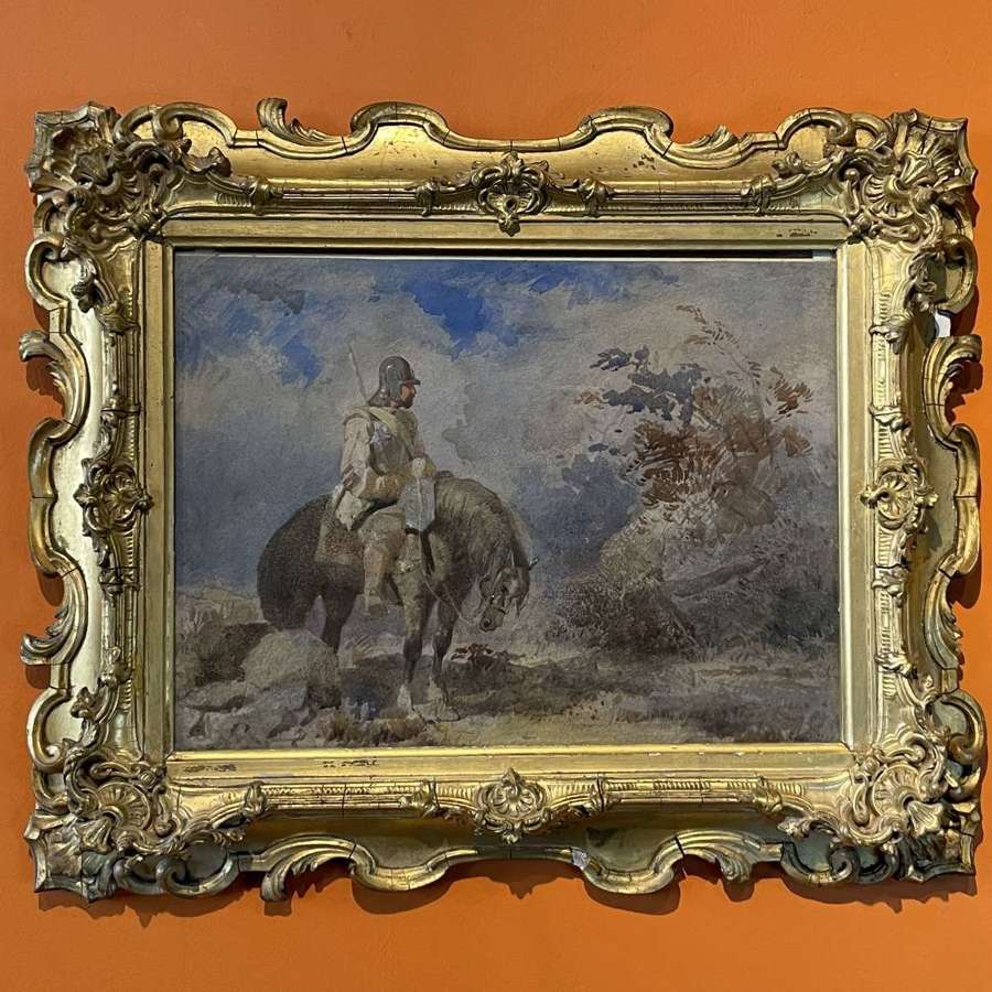 19th Century Watercolour of a Roundhead on Horseback in a Landscape