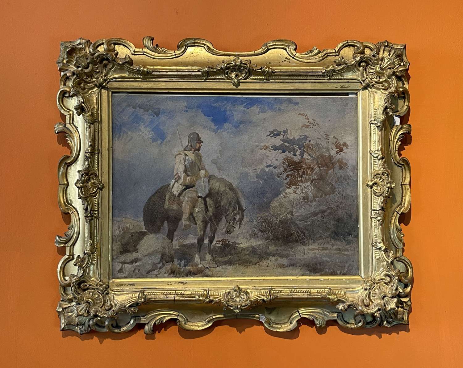 19th Century Watercolour of a Roundhead on Horseback in a Landscape