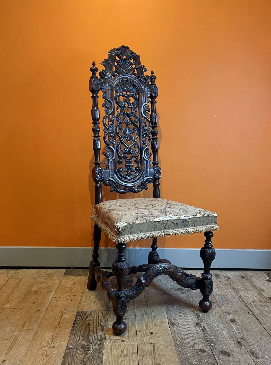 19h Century Carved Walnut High Back Chair in Carolean Style