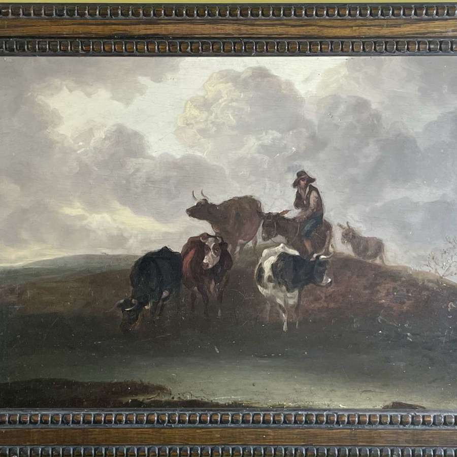 19th Century Dutch School Oil on Panel of Drovers with Cattle