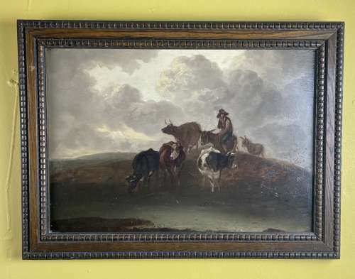 19th Century Dutch School Oil on Panel of Drovers with Cattle