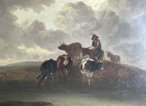 19th Century Dutch School Oil on Panel of Drovers with Cattle