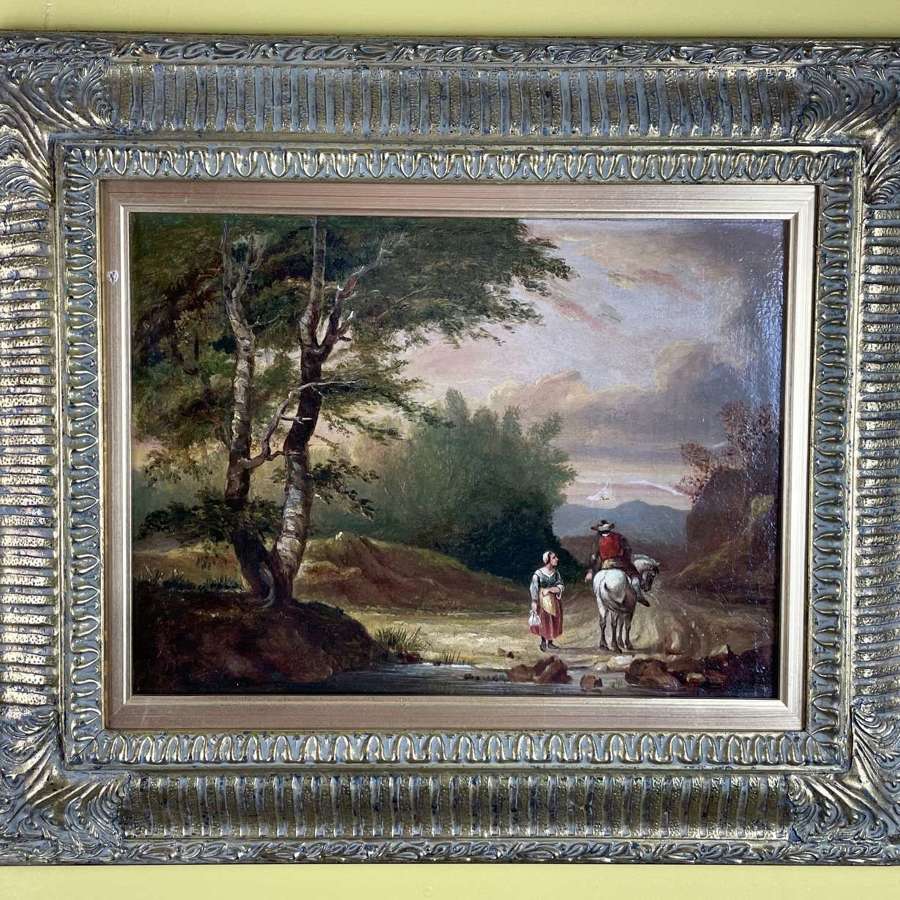 Early 19th Century Oil on Canvas of Travellers on a Woodland Path