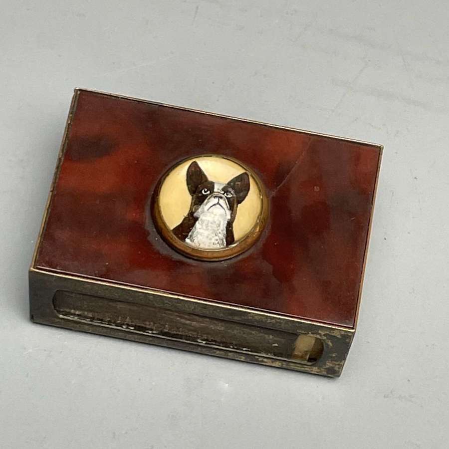 Brass & Celluloid Matchbox Holder with Boston Terrier Essex Crystal