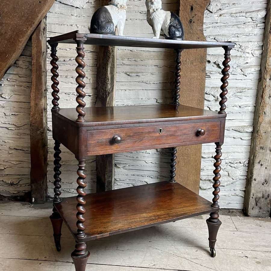 Early Victorian Rosewood Three Tier Whatnot with Barley Twist Columns