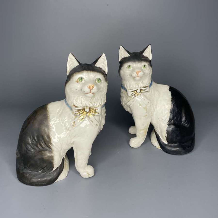 Pair of Continental Pottery Black & White Seated Cats