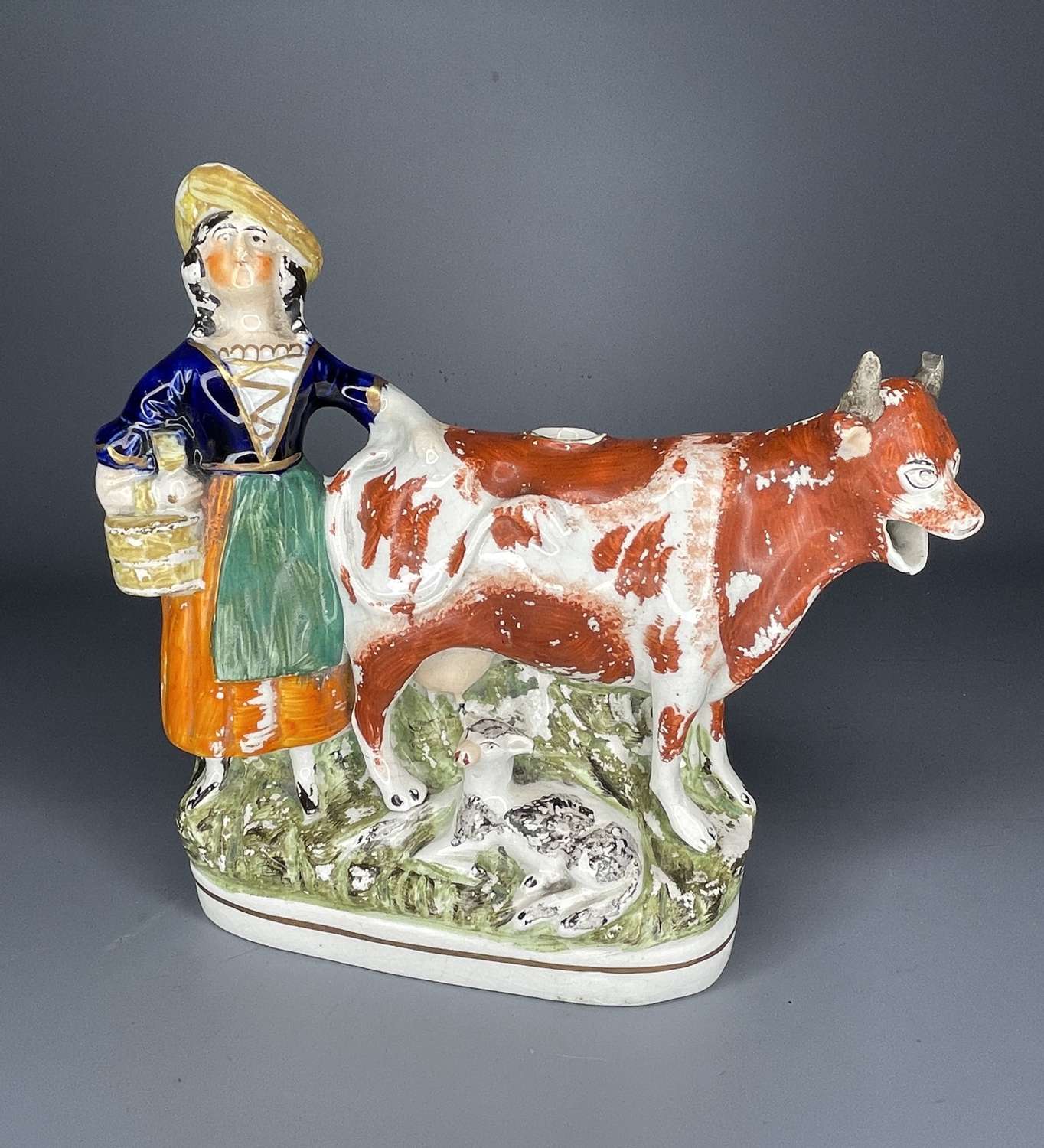 Victorian Staffordshire Pottery Milkmaid Cow Creamer
