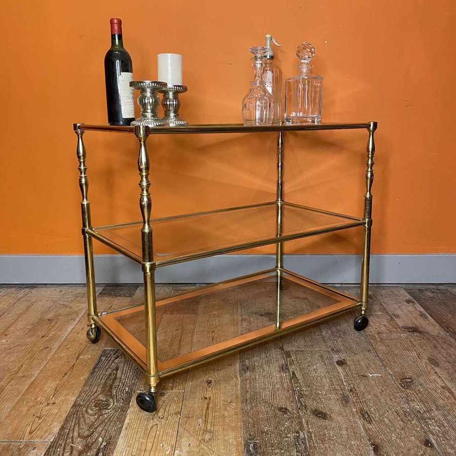 Vintage Brass & Mirror Glass Three Tier Drinks Trolley