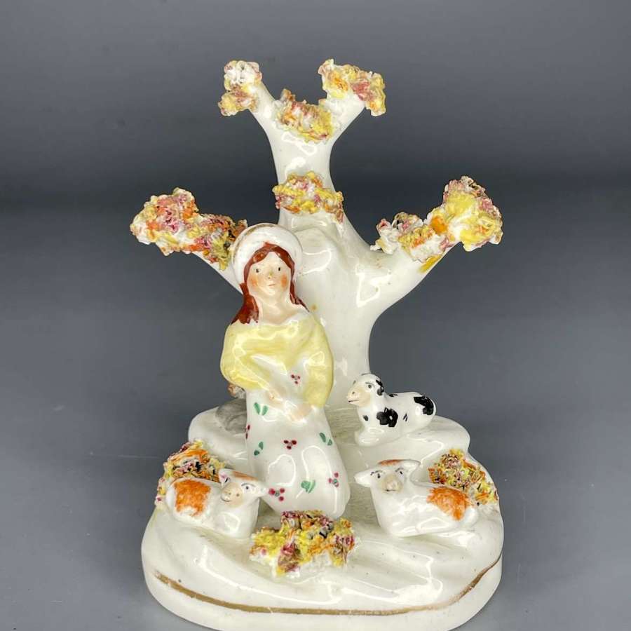 Victorian Staffordshire Porcelain Figure of a Shepherdess with Sheep