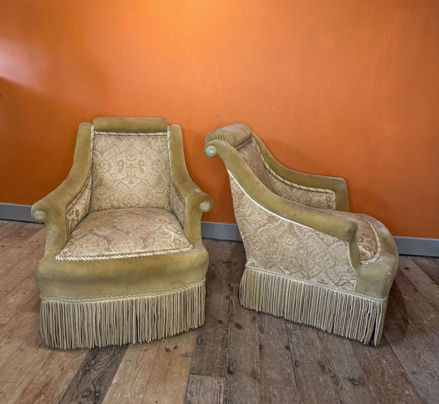 Pair of Antique French Scroll Back Armchairs