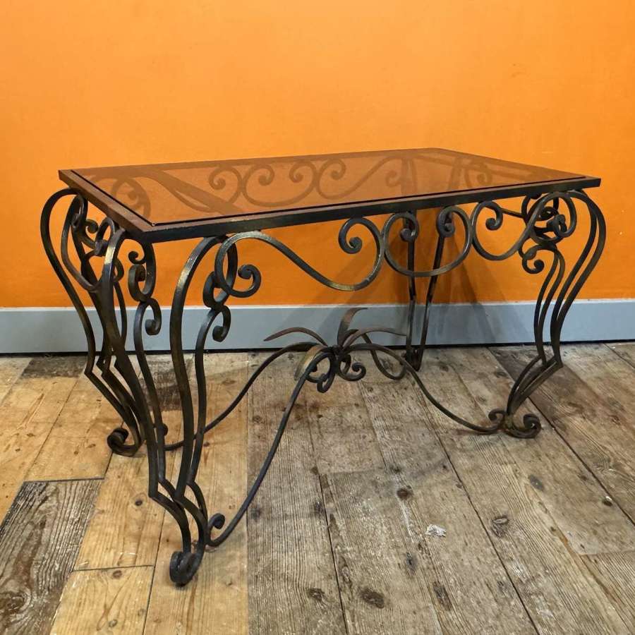 Vintage French Wrought Iron Coffee Table with Glass Top
