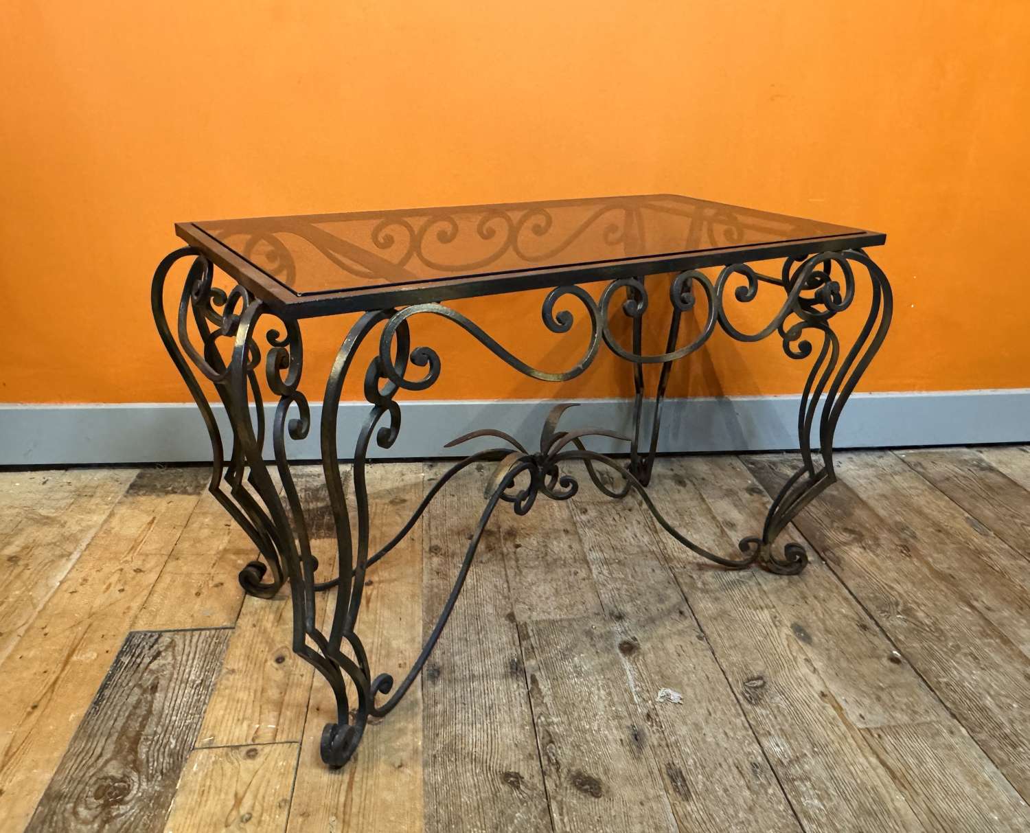 Vintage French Wrought Iron Coffee Table with Glass Top