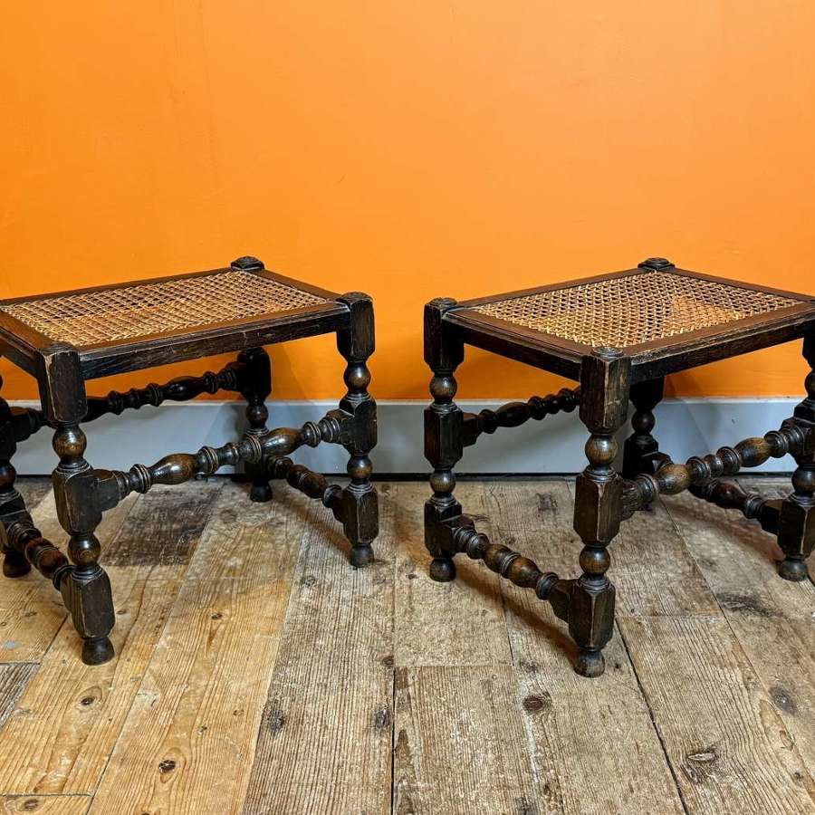 Pair of Oak Bobbin Turned Stools with Cane Seats