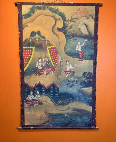 Antique Thai Scoll Painting of Dancers