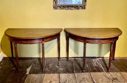 Georgian Line Inlaid Mahogany D-End Dining Table / Pair of Consoles