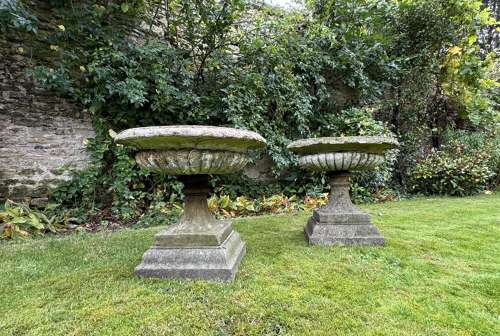Large Pair of Campana Shaped Garden Urns on Stands