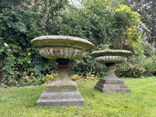 Large Pair of Campana Shaped Garden Urns on Stands