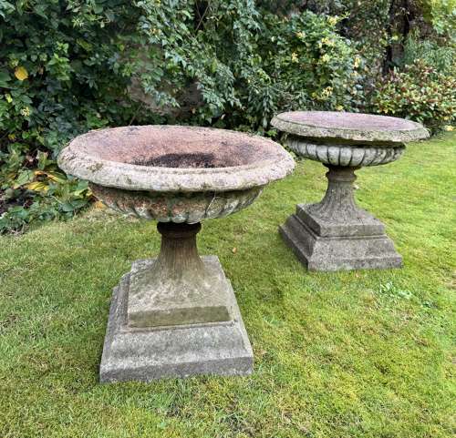 Large Pair of Campana Shaped Garden Urns on Stands