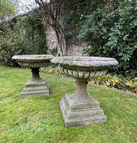 Large Pair of Campana Shaped Garden Urns on Stands